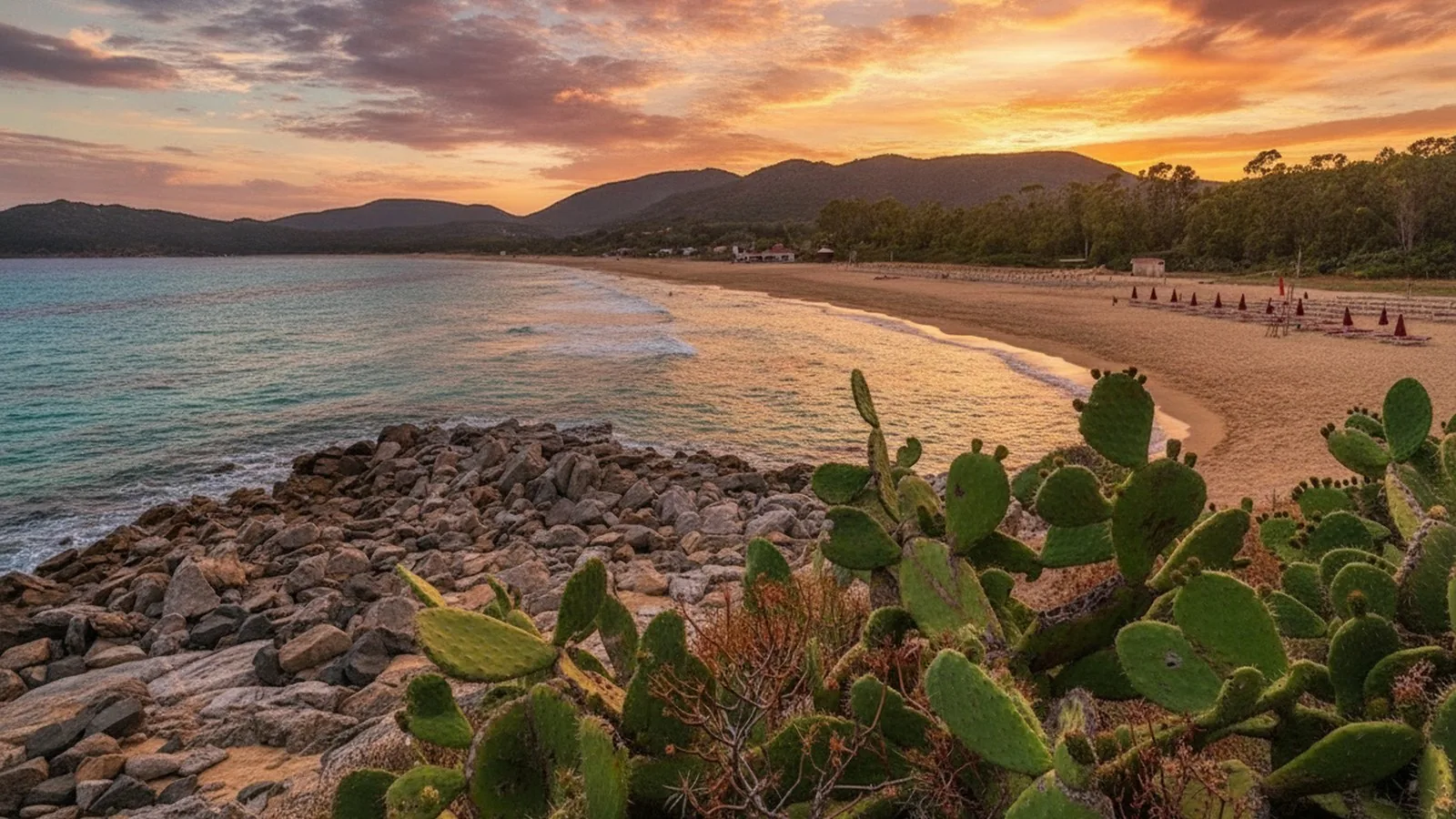 Tramonto sulla spiaggia di Costa Rei, con i fichi d'India in primo piano
