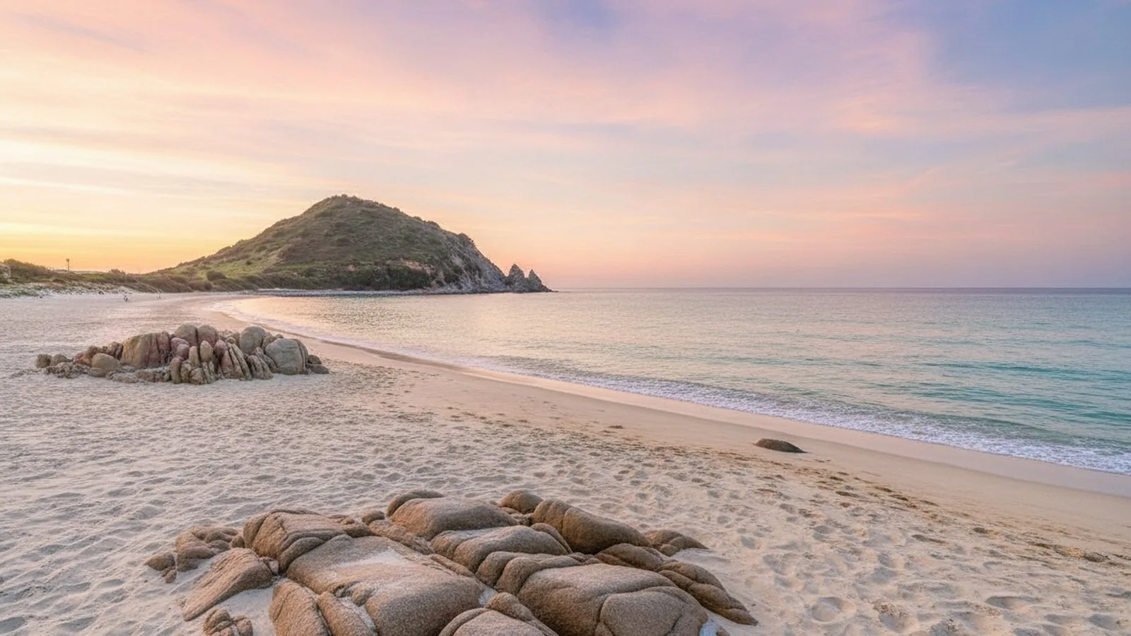 La spiaggia di Cala Monte Turno al tramonto, con il promontorio sullo sfondo