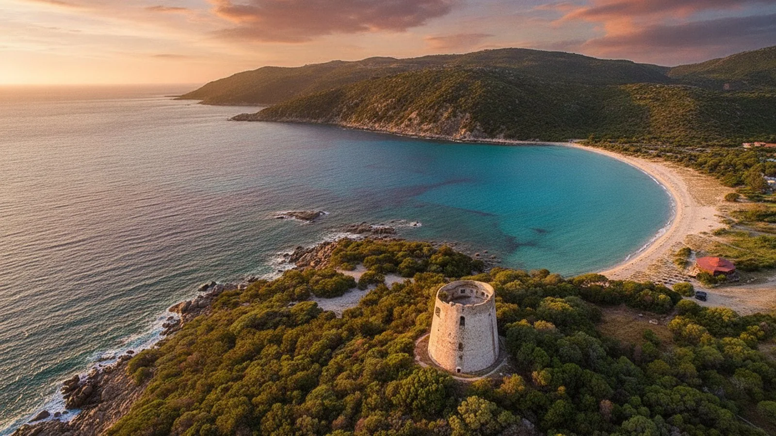 La baia di Cala Pira vista dall'alto, con la torre costiera sul promontorio
